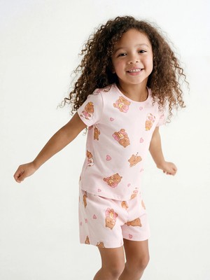 LC Waikiki Lcw Kids Pembe Bisiklet Yaka Kız Çocuk Şortlu Pijama Takımı