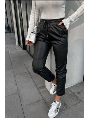 Ded Collection Kadın Bağcıklı Deri Jogger Pantolon