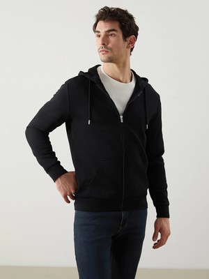 LC Waikiki Lcwaıkıkı Basic Siyah Kapüşonlu Uzun Kollu Erkek Fermuarlı Sweatshirt