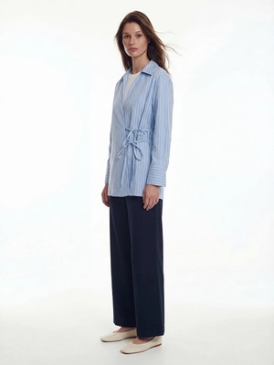 Lcw Modest Mavi Kruvaze Yaka Çizgili Poplin Kadın Tunik