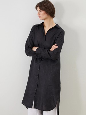 LC Waikiki Lcwaıkıkı Classic Siyah %100 Keten Kadın Gömlek Tunik