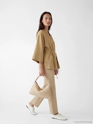 LC Waikiki Lcw Everyday Haki Şal Yaka Keten Karışımlı Kadın Kimono