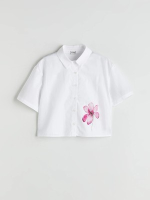 LC Waikiki Lcw Kids Beyaz Çiçekli Kız Çocuk Crop Gömlek