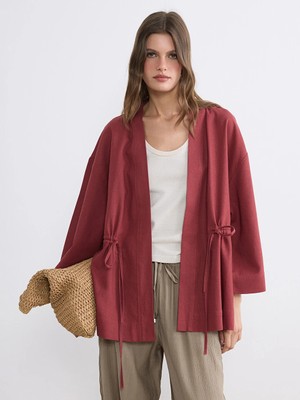 LC Waikiki Lcw Everyday Bordo Şal Yaka Keten Karışımlı Kadın Kimono