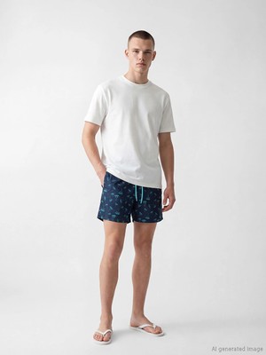 Lcw Swımwear Lacivert Kısa Boy Palmiye Desenli Erkek Deniz Şortu