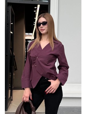 Ded Collection Kadın Gold Düğmeli V Yaka Önü Çapraz Detaylı Poplin Gömlek