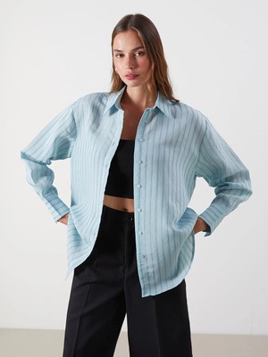 Lcw Vision Mavi Çizgili Oversize Kadın Gömlek