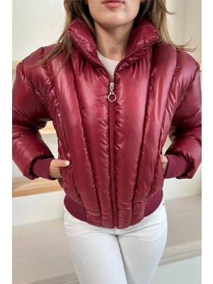 Ded Collection Kadın Parlak Kumaş Kısa Boy Yüksek Yaka Fermuarlı Trend Şişme Mont
