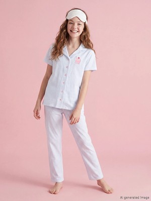 LC Waikiki Lcw Kids Beyaz Gömlek Yaka Çizgili Kız Çocuk Pijama Takım