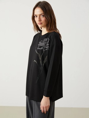 LC Waikiki Lcwaıkıkı Classic Siyah Taşlı Oversize Kadın Sweatshirt Tunik