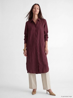 LC Waikiki Lcw Everyday Bordo Oversize %100 Keten Kadın Gömlek Tunik