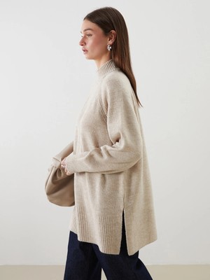 Lcw Modest Ekru Dik Yaka Oversize Kadın Triko Tunik