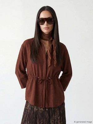 LC Waikiki Lcw Studıo Kahverengi Dokulu Oversize Kadın Gömlek Tunik