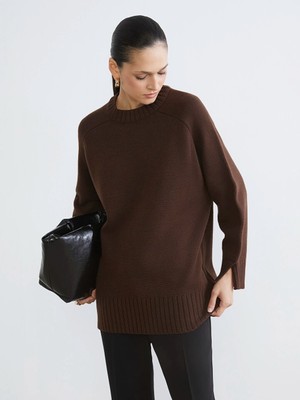 Lcw Modest Kahverengi Bisiklet Yaka Oversize Kadın Triko Tunik