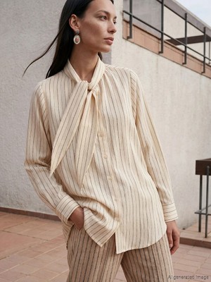 LC Waikiki Lcw Studıo Ekru Çizgili Oversize Kadın Gömlek Tunik