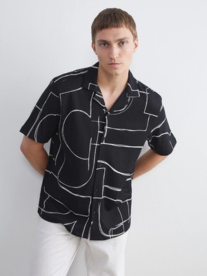Lcw Vision Siyah Regular Fit Kısa Kollu Desenli Viskon Erkek Gömlek