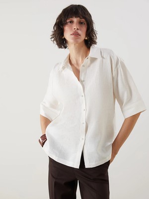 Lcw Vision Beyaz Oversize %100 Keten Kadın Gömlek