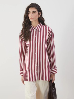 Lcw Modest Bordo Çizgili Kadın Gömlek Tunik