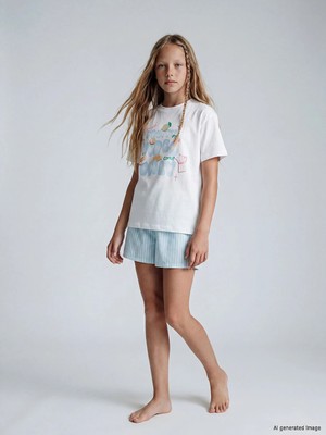 LC Waikiki Lcw Kids Ekru Kız Çocuk Baskılı Şortlu Pijama Takım