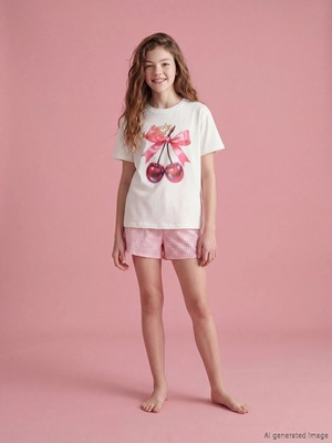 LC Waikiki Lcw Kids Ekru Bisiklet Yaka Baskılı Kız Çocuk Pijama Takım