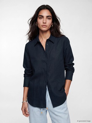 Lcw Vision Lacivert Keten Karışımlı Oversize Kadın Gömlek