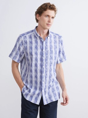LC Waikiki Lcwaıkıkı Classic Indigo Regular Fit Kısa Kollu Çizgili Poplin Erkek Gömlek