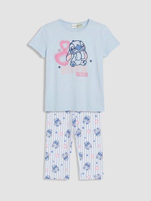 LC Waikiki Lcw Kids Mavi Stitch Baskılı Kız Çocuk Kaprili Pijama Takım