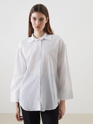 Lcw Modest Ekru Çizgili Oversize Kadın Gömlek Tunik