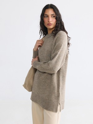Lcw Modest Kahverengi Bisiklet Yaka Oversize Kadın Triko Tunik
