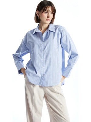 Lcw Vision Mavi Çizgili Oversize Poplin Kadın Gömlek
