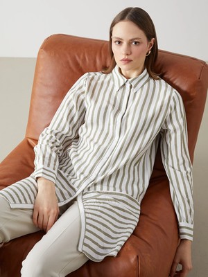 LC Waikiki Lcwaıkıkı Classic Haki Çizgili Kadın Gömlek Tunik