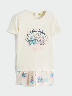 LC Waikiki Lcw Kids Ekru Stitch ve Angela Baskılı Kız Çocuk Şortlu Pijama Takımı