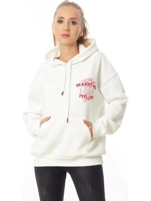 Ded Collection Kadın Kapüşonlu Grafik Baskılı Kanguru Cepli Oversize Rahat Sweatshirt