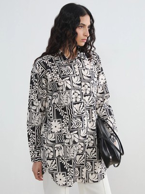 Lcw Modest Siyah Desenli Oversize Kadın Gömlek Tunik