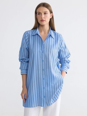 LC Waikiki Lcw Everyday Mavi Çizgili Oversize Kadın Gömlek Tunik