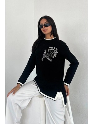 Ded Collection Kadın Göğüs Çiçek Nakışlı Triko Tunik