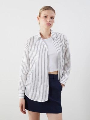 Lcw Vision Ekru Çizgili Oversize Kadın Gömlek