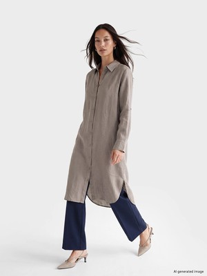 LC Waikiki Lcw Everyday Gri Oversize %100 Keten Kadın Gömlek Tunik