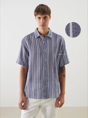 Lcw Vision Indigo Regular Fit Kısa Kollu Çizgili Erkek Dokulu Gömlek