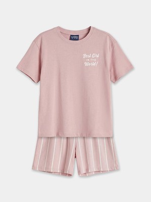 LC Waikiki Lcw Kids Pembe Bisiklet Yaka Baskılı Kız Çocuk Pijama Takım