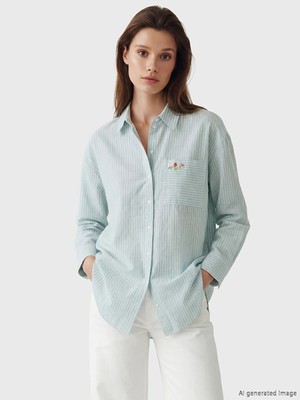 Lcw Modest Yeşil Çizgili Oversize Poplin Kadın Gömlek Tunik