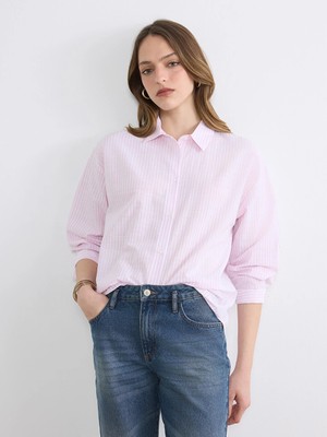 Lcw Vision Pembe Çizgili Oversize Kadın Gömlek