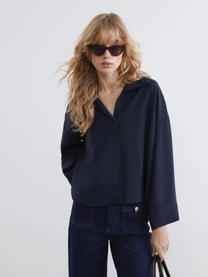 Lcw Vision Lacivert Oversize Kadın Gömlek