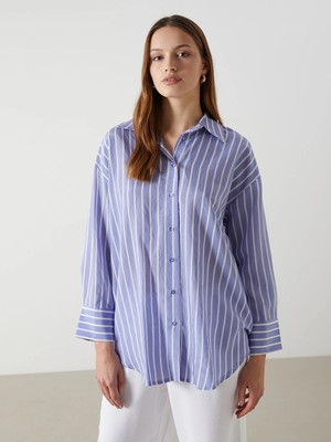 Lcw Modest Mor Çizgili Oversize Kadın Gömlek Tunik