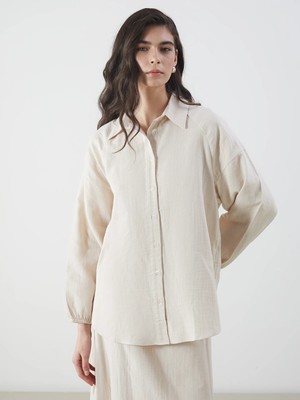 Lcw Modest Bej Oversize Müslin Kadın Gömlek