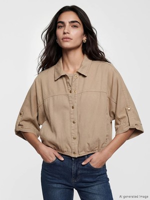 Lcw Vision Bej Oversize Kadın Jean Gömlek