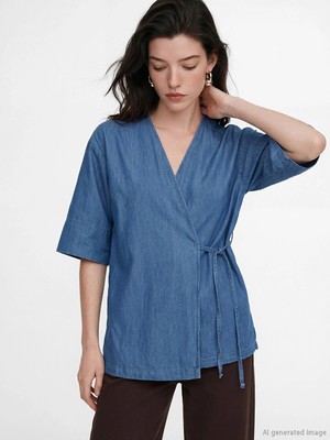 LC Waikiki Lcw Comfort Indigo Kruvaze Yaka Bağlamalı Kadın Tunik