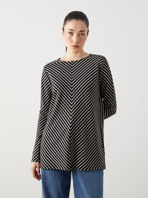 LC Waikiki Lcwaıkıkı Classic Siyah Bisiklet Yaka Çizgili Oversize Kadın Tunik