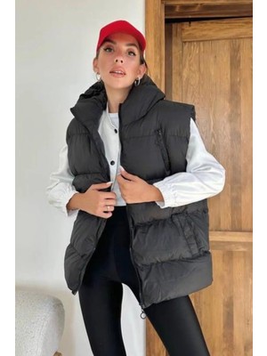 Ded Collection Kadın Rahat Uzun Boy Fermuar Detaylı Kapüşonlu Cepli Şişme Yelek