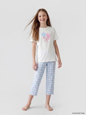 LC Waikiki Lcw Kids Ekru Baskılı Kız Çocuk Kaprili Pijama Takımı